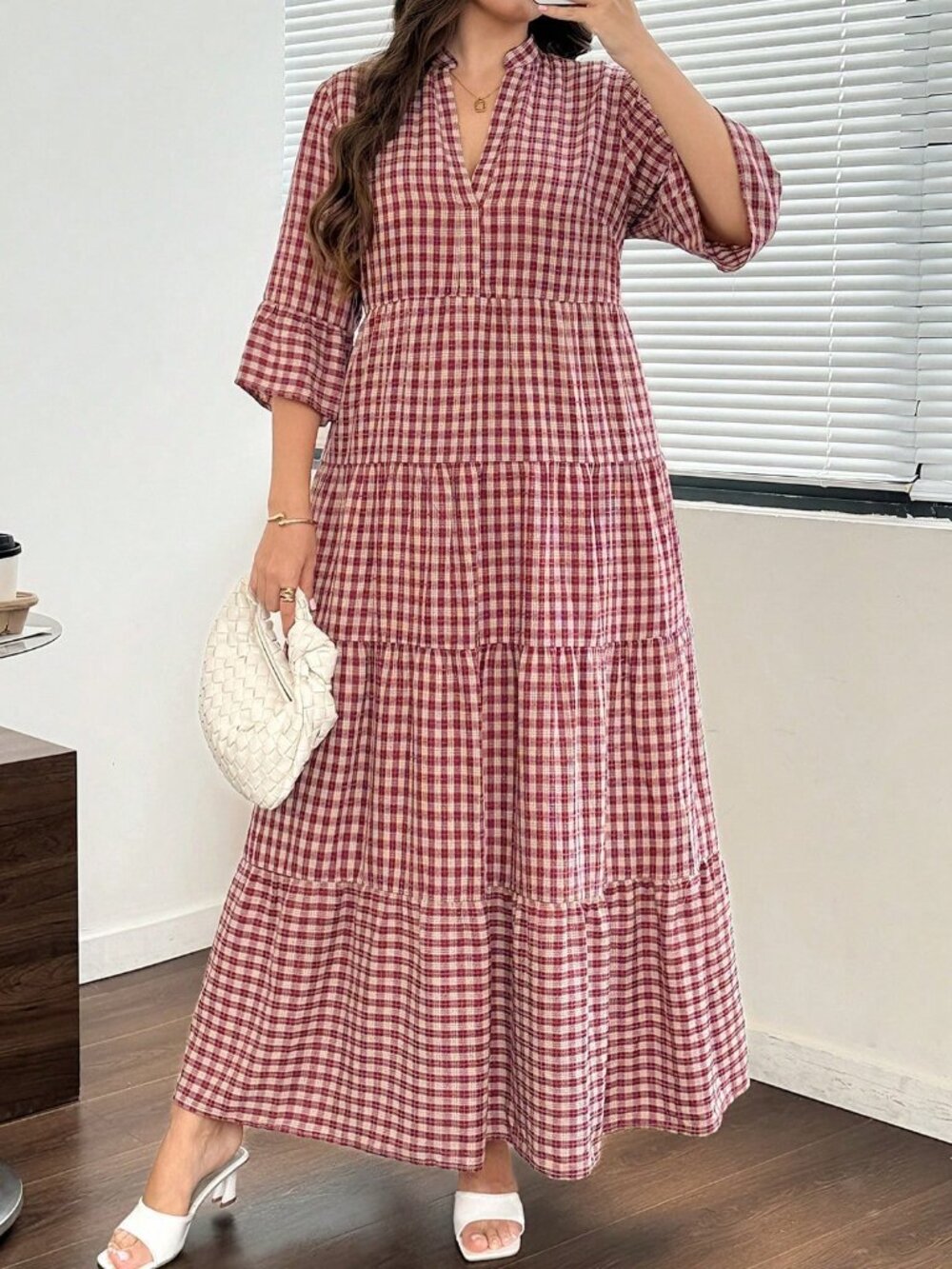 Multicolor Casual Women's Plaid Patchwork Tiered Maxi Dress